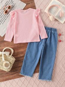 SHEIN Playful Pals Bộ 2 áo thun dài tay thêu họa tiết quả anh đào dễ thương cho bé gái và quần jeans denim thêu họa tiết quả anh đào đã giặt, phù hợp mặc thường ngày, đi học, ngày lễ, trở lại trường - Hồng - Xem 2