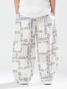 SUMWON 男童休闲阔腿夏季裤头巾佩斯利印花松紧腰棉质长裤舒适宽松春季时尚 - 藍白色 - 查看 2