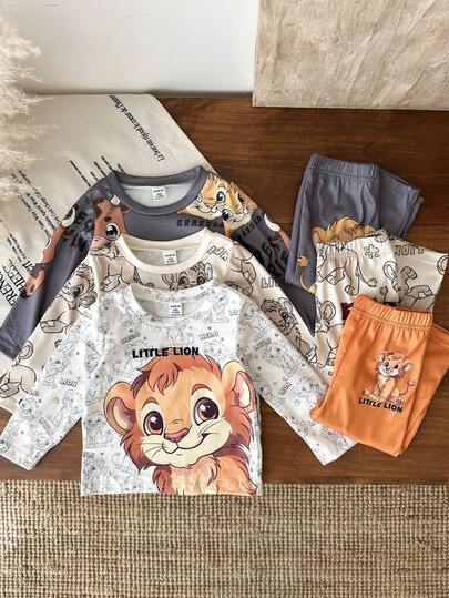 SHEIN 3pcs/Set Boys' Cartoon Lion Print Long Sleeve Outfit, Energetic Style Kids Casual Wear, Suitable For All Seasons Baby Lion Clothes Set Baby Boy Clothes Set Fall Winter