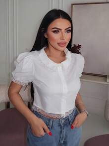 Durrani Popal Lace Trim Puff Sleeve Crop Blouse,Short Sleeve Tops - White - View 4