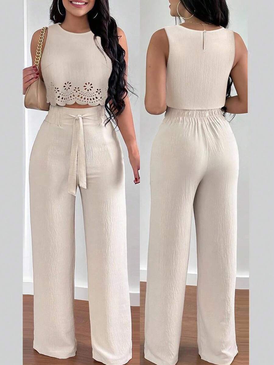 INAWLY Elegant Vacation Round Neck Camisole & Hollow Strap Straight Leg Pants 2pcs Casual Women Set