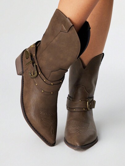 Fairycore Vintage Buckle Thick Heel Western Cowboy Boots, V-Cut Slimming Riding Boots, Women's Shallow Grey Boots, Maillard Boots