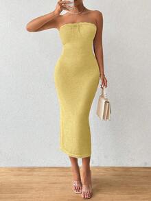 Chiquease Váy Bandeau dệt kim gợi cảm mùa thu/đông dành cho nữ, phong cách nghỉ dưỡng - Màu Mù tạt vàng - Xem 4