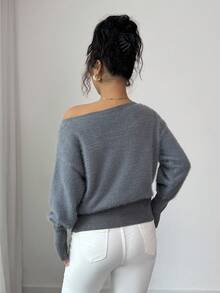Modelyn 女士纯色露肩长袖宽松人造毛皮毛衣 - 灰色 - 查看 2