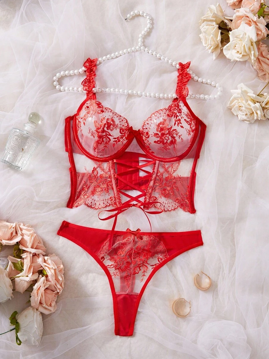 Myrelith 2pcs Sexy Sheer Embroidery Mesh Lingerie Set For Going Out