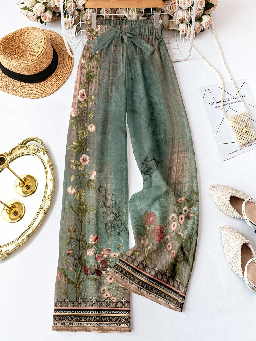 SHEIN LUNE Floral Green Pattern Vintage Waist Tie Trousers, Suitable For Women's Summer Vacation, Party, Fall, Wedding, Graduation Travel, Gift For Mom, Boho Style Vintage Floral Pants Boho Pants Cottagecore Pants Printed Pants Spring Pants - Multicolor - View 1