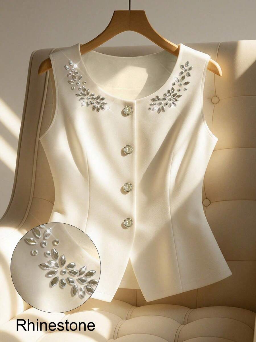 Franclia Women's Elegant Rhinestone Decorated Front Button Camisole, Summer All White Clothes For University