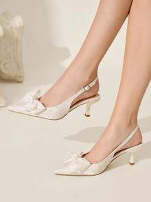 CUCCOO CHICEST 女士蝴蝶结尖头细跟高跟鞋，露背踝带性感红色高跟凉鞋 - 米色 - 查看 2