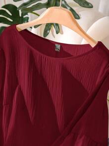 CosyJoli 大码女式杏色镂空蕾丝拼布休闲度假衬衫，夏季 - 酒紅色 - 查看 3