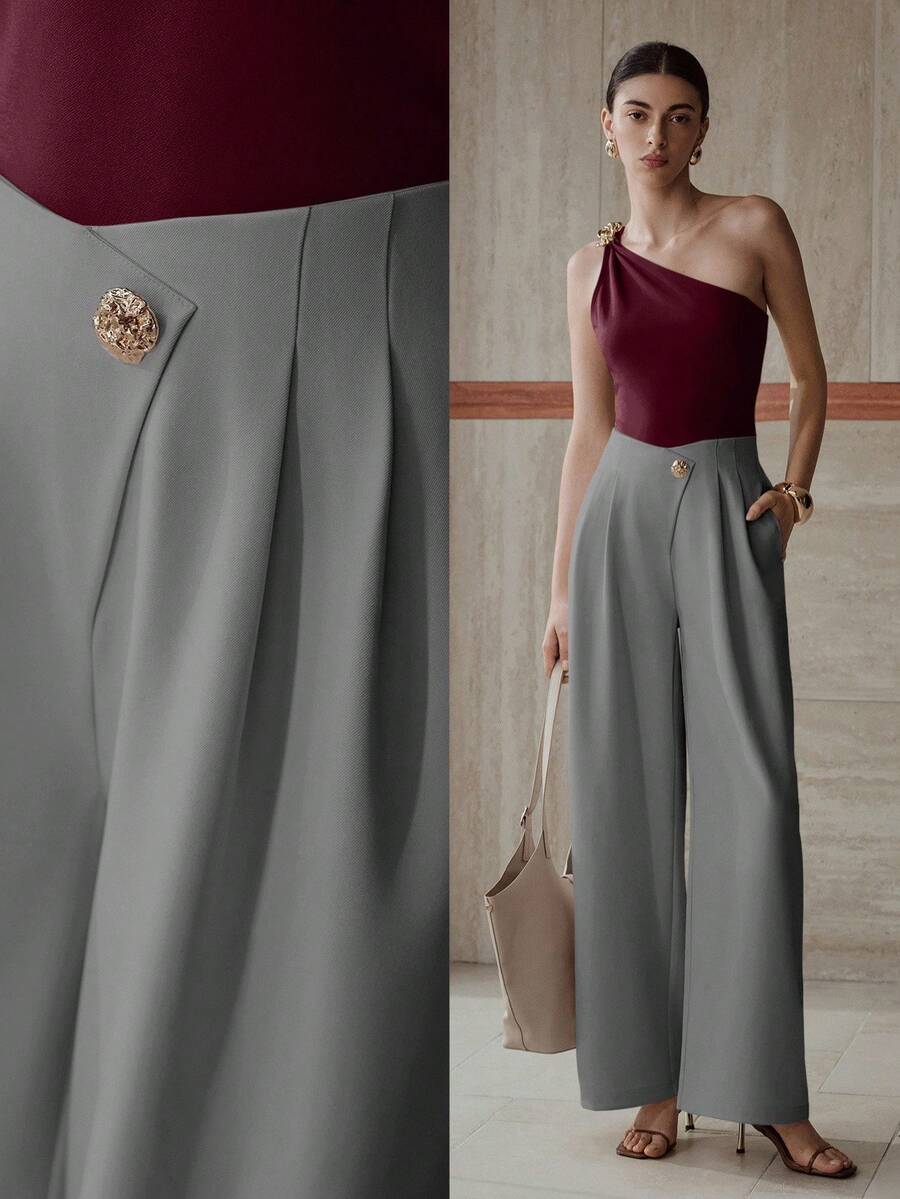 MOTF PREMIUM FOLD PLEATED SLANT POCKET PANTS - Grey - View 1