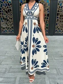 Carolina Barros Floral Print V-Neck Sleeveless Dress For Women, Vacation - Apricot - View 3
