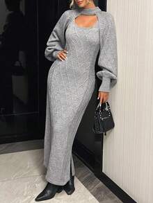 EURMUSE Váy Maxi Họa Tiết Kim Cương Dệt Kim Màu Xám Kèm Áo Khoác Có Thể Tháo Rời - Xám - Xem 3