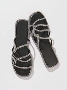SHUZIA Women Fashionable Rhinestone Decorated Flat Sandals - Black - View 3