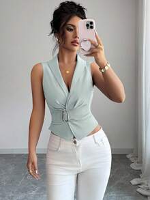 Elenzga Kemeja Wanita Bergaya Elegan dan Mewah dengan Kancing Logam Hitam - Mint Green - View 4