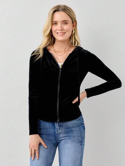 Miaspire 纯色前拉链长袖简约休闲天鹅绒修身连帽夹克