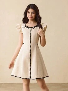 少女盖袖方领束腰派对鸡尾酒婚礼优雅连衣裙，适合返校、万圣节、圣诞节 - 杏色 - 查看 4