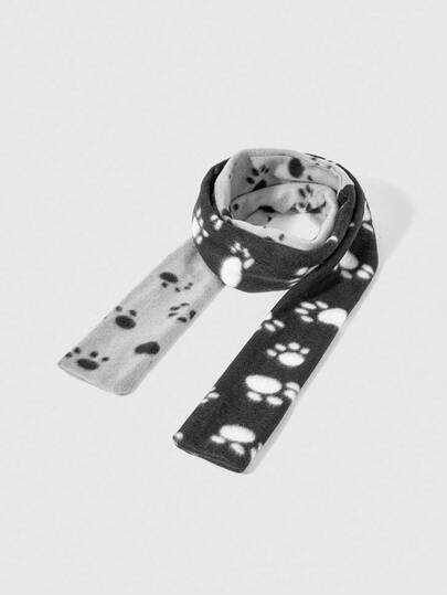 Anime 1pc Cute Cat Paw Pattern Scarf, Thick Warm Soft Scarf For Winter, Personalized Black & Grey Splice Long Scarf, Suitable For Daily Matching