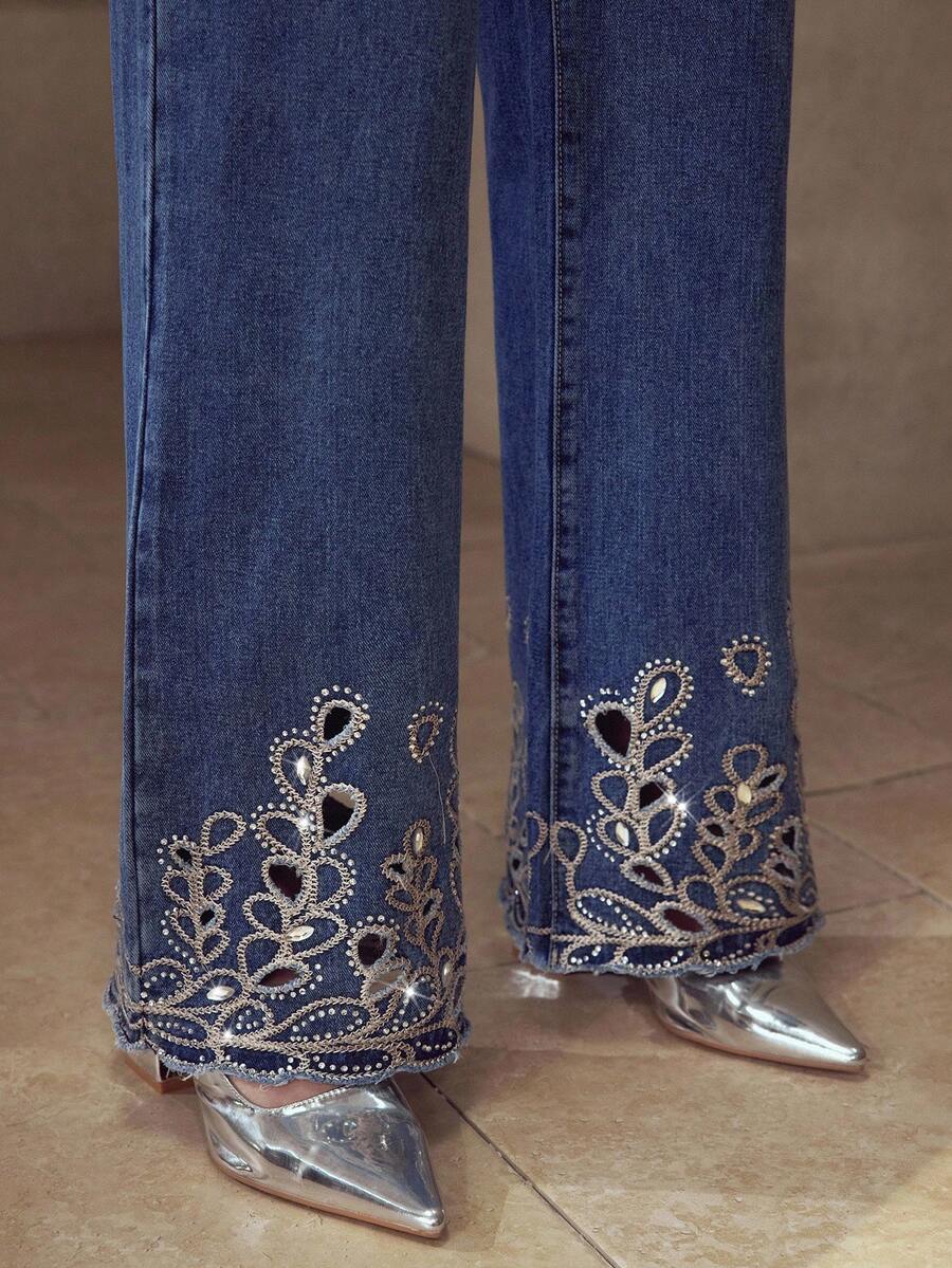 MOTF PREMIUM 刺绣水钻牛仔裤 - 藍色 - 查看 1
