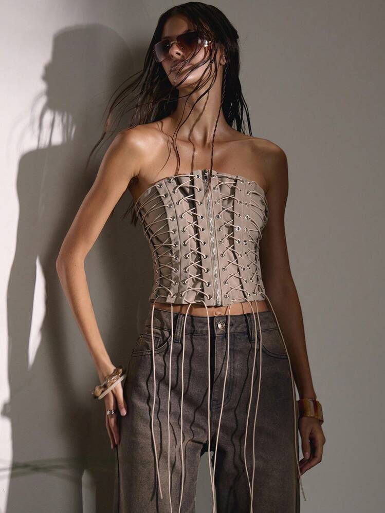 MUSERA Top de corset ajusté à lacets et fermeture éclair en PU, style country mignon pour l'automne, les sorties sexy, les fêtes d'hiver et les vacances