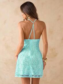 SHEIN BAE 纯色纹理亮片细肩带迷你露背连衣裙，度假海滩吊带裙花卉印花串珠亮片连衣裙露背粉色连衣裙 - 薄荷綠 - 查看 2