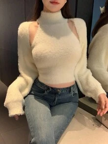 DAZY 2 件套女士毛绒高领吊带背心和开衫套装，性感修身秋冬 - 米色 - 查看 13