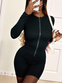 SHEIN Women's Solid Color Zip-Up Turtleneck Long Sleeve Jumpsuit Fall Cloth For Women - Black - View 3