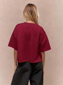 MISSGUIDED 超大码 T 恤短款上衣厚重短袖宽松宽松剪裁休闲夏秋季时尚个性单品基本款衣橱必备单品 - 酒紅色 - 查看 2