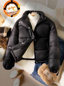 Teen Girl Casual Thickened Padded Coat,Black Winter Streetwear,Resin Zipper,Black Buttons,Simple Fabric,Oblique Pockets,Suitable For Commuting,Travel - Black - View 3