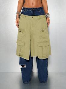 SUMWON WOMEN Quần Jeans Denim Cargo Phối Túi Ống Rộng Baggy Y2K Grunge Festival Quần Jeans Rách Hai Tông Màu Cạp Vừa Thoải Mái Phong Cách Đường Phố Trượt Ván Thời Trang Thu - Màu xanh lam - Xem 6