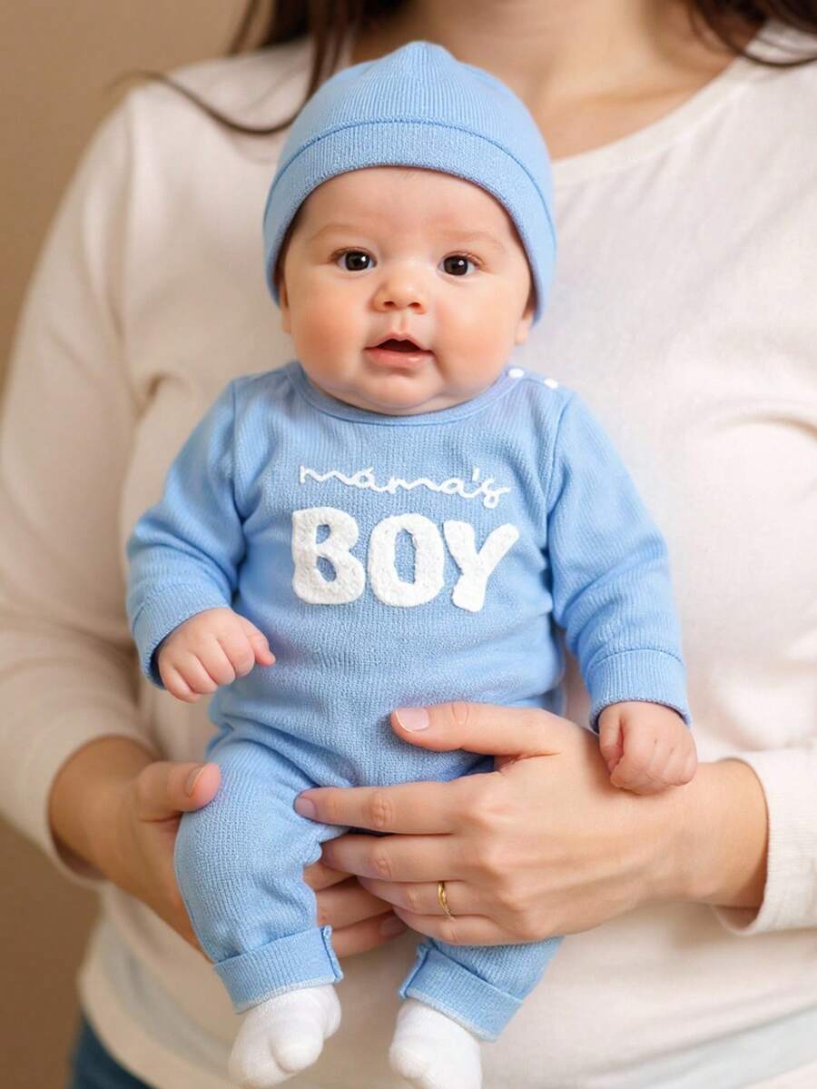 SHEIN 2pc Newborn Baby Boys Cute "MAMA'S BOY"Letter Embroidery Waffle Knitted Jumpsuits And Hat, Mommy And Me Matching Baby Boy Baby Needs Infant Baby Baby Welcome Baby Newborn Baby Boy Clothes 0-6 Month 1T 2T Baby Boy Clothes Newborn Boy Clothes Set Baby Fall Winter Clothes Baby Boy Newborn Accessories Blue Baby Blue Knitted Outfit Unisex Baby Clothes Infant 1 Month 100 Days Photo Props Newborn Unisex Clothes Baby Outfits Unisex Funny Baby Clothes Baby Boy Long Sleeve Jumpsuit Mamas Boy Outfit - Blue - View 1
