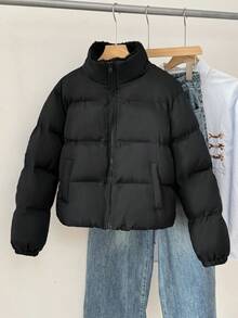 SHEIN 青少年女孩黑色常规基本款百搭立领短款，内里加厚天鹅绒法式短款冬季外套，休闲街头，适合各种场合，返校青少年女孩夹克女孩冬季夹克外套冬季夹克青少年 - 黑色 - 查看 5