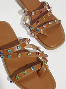 SHUZIA Sandalias de punta abierta con strass de varios colores y diseño deslizante en tono bronceado - Marrón - Ver 5