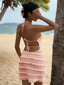 Opulessa Solid Color Knit Halter Backless Bodycon Mini Dress For Women - Pink - View 2