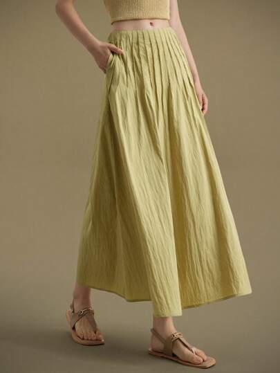 Ontre 优雅风格，简约设计，芥末黄，喇叭裙，条纹图案，真口袋，合身廓形，女式半身裙，休闲裙，秋季服装，日常穿着，休闲装，商务休闲装