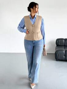 Firerie Plus Size New Arrival Early Spring Korean Style Loose Metal Buckle Luxury Fashion Women Knitted Sweater Vest Sweater Vest For Women Sleeveless Sweater Vest Women Vest Light Brown Sweater Vest Vest With Rose Buttons In Fall/Winter - Khaki - View 7