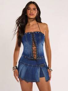 SHEIN BAE Women's Cross-Lace Metal Rivet Backless Suspender Denim Crop Top,Light Blue,Summer,Street Wear Y2k,Club Night,Dark Blue Washed Halloween Costumes - Blue - View 3