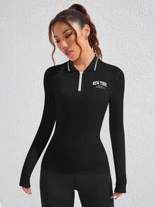 Easithlete 女式字母印花长袖拉链 Polo 衫，休闲健身运动服 - 黑色 - 查看 5
