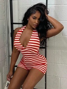 Alexandranx 女士度假红白条纹针织纹理深 V 领系腰连体裤，修身剪裁，适合派对、情人节、约会、分层穿着、圣诞节、海滩、狂欢节、复活节、波西米亚风度假 - 白色 - 查看 4