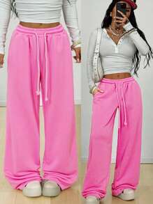 Coolane 女士秋季 Y2K 街头服饰音乐会狂欢节外出文艺复兴博览会厚抽绳粉色阔腿运动裤 - 粉色 - 查看 1