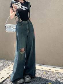 DAZY 女式高腰破洞牛仔背带裤，宽松老爹牛仔裤，窄腿阔腿长裤 - 深色水洗藍 - 查看 7