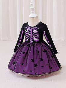 Glamorique Kids 女婴优雅紫色长袖星星网眼万圣节连衣裙 - 紫色 - 查看 3