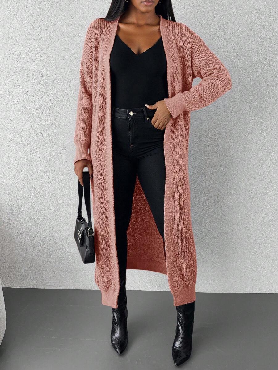 SHEIN Cottnline Women's Casual Solid Color Long Cardigan, Autumn/Winter - Coral Pink - View 1