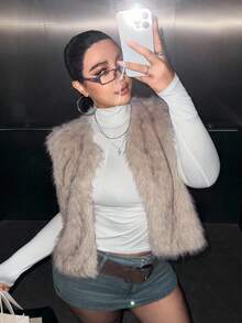 SHEIN EZwear 蓬松加厚大码女式前开宽松背心/夹克，适合冬季 - 杏色 - 查看 1