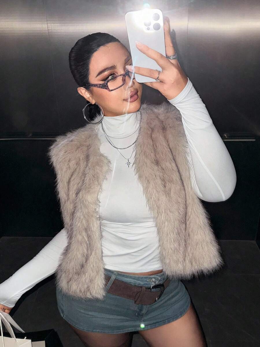 SHEIN EZwear 蓬松加厚大码女式前开宽松背心/夹克,适合冬季 - 杏色 - 查看 1