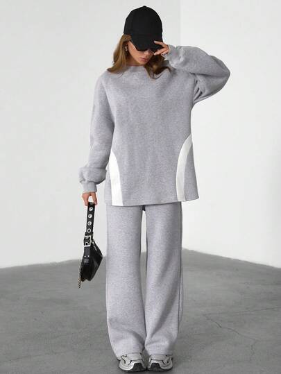 EURMUSE Women's Autumn Contrast Color Round Neck Drop Shoulder Long Sleeve Casual Sweatshirt And Pants Loose Suit