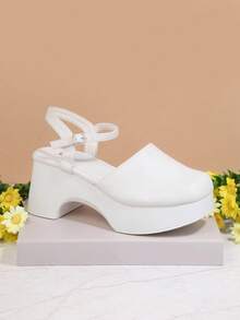 純素皮革踝帶防水台洞洞鞋 - 白色 - 查看 4