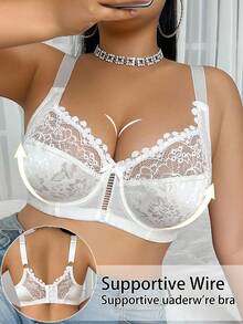 DesireSculpt 1pc Plus Size Lace Patchwork Underwire Bra, Lift - White - View 5