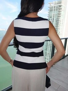 Durrani Popal Elegante top de cárdigan de punto escote redondo con hebilla metálica asimétrica, abertura frontal y aberturas en los bajos, estilo minimalista francés, a rayas anchas en blanco y negro, versátil, de punto acanalado, apto para primavera, verano y otoño, se puede usar solo o como capa