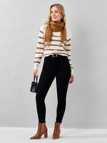 Miaspire Striped Pattern Sweater - Camel - View 5