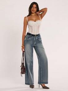 SHEIN BAE Jeans rectos de mujer con lavado vintage casual